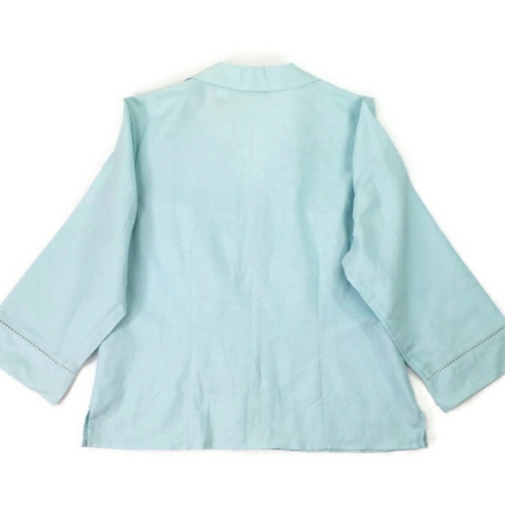Vintage Villager Light Blue 3/4 Sleeve Button Up Linen Blend Blouse Womens 14 - Picture 11 of 13